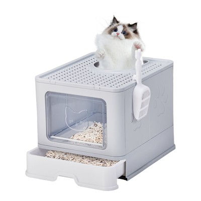 Phiestina Large Enclosed Cat Litter Box with Lid, Detachable Cat Toilet with Litter Scoop & Slide Out Tray, Front Entry Top Exit Door, Gray