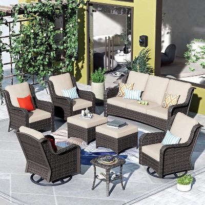 XIZZI Wicker Patio Furniture Set with 3-Seat Sofa, Swivel Rocking Armchairs & Ottomans & Side Table, Modular Sectional Outdoor Conversation Sofa Set