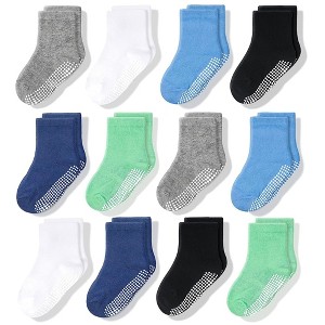Cozyway Non-Slip Crew Grip Toddler Socks, 12 Pack for Boys, Black/White/Gray/Aqua Blue/Sky Blue/Lime Green, 3-5 Years Old - 1 of 4
