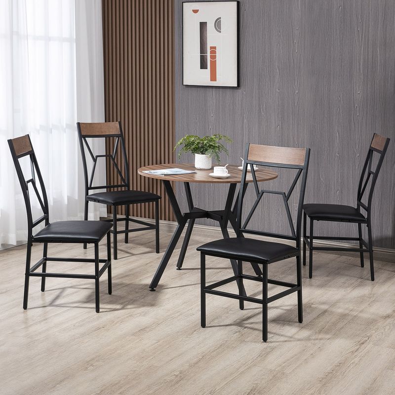 HOMCOM Industrial Dining Table Set Space-Saving Kitchen Table and Chairs Set with Round Table Padded Seat and Steel Frame Brown 5 Piece, 3 of 7