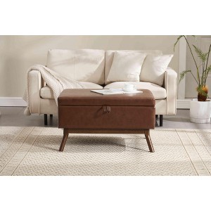 Racxily Mid-Century Modern Ottoman - Multi-Functional Storage Coffee Table Bench, Solid Wood, Linen, Brown Legs (Living Room/Entryway) - 1 of 4