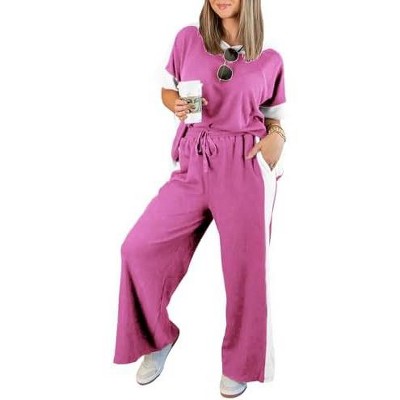 EXLURA Womens Summer 2 Piece Outfits Color Block Short Sleeve Tops Tracksuit Wide Leg Pants Matching Set Lounge Sets 2025