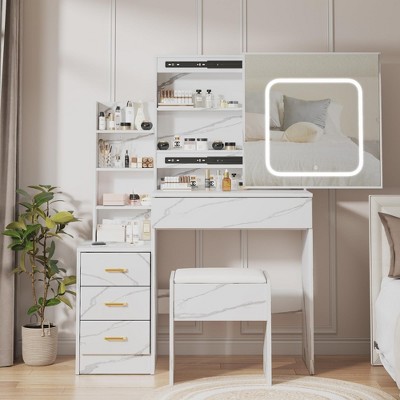 Vanity Desk with Mirror and LED Lights, Makeup Vanity Desk with Sliding Lighted Mirror, Dressing Table with 4 Drawer