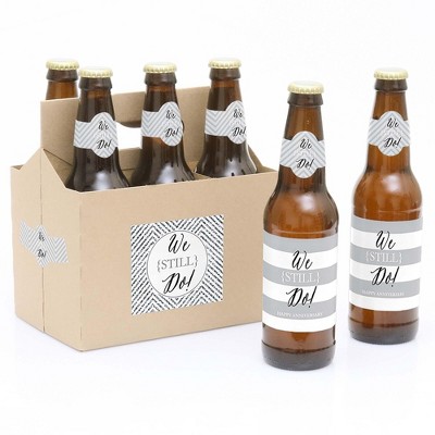 Big Dot of Happiness We Still Do - Wedding Anniversary Decorations for Women and Men - 6 Beer Bottle Label Stickers and 1 Carrier