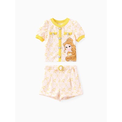 Disney Princess Toddler Girls 2pcs Tweed Plaid Character Print Puffy-sleeve Top with Detachable Belt Shorts Set