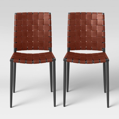 2pk Wellfleet Woven Leather Metal Base, Red Steel Dining Chairs With Woven Seat