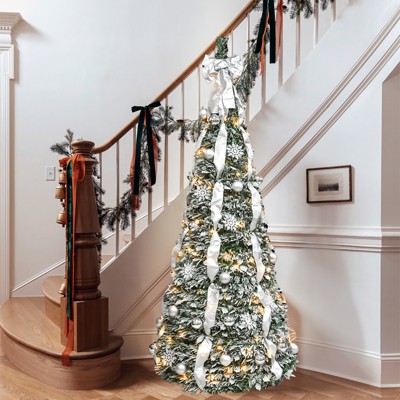 Moda Furnishings Flocked Pop-Up Christmas Tree with Warm White UL Lights Pre-Decorated with Ornaments, Snowflakes, Ribbons & Large Bow
