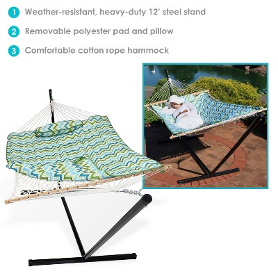 Green and Blue Chevron Cotton Rope Hammock with Steel Stand