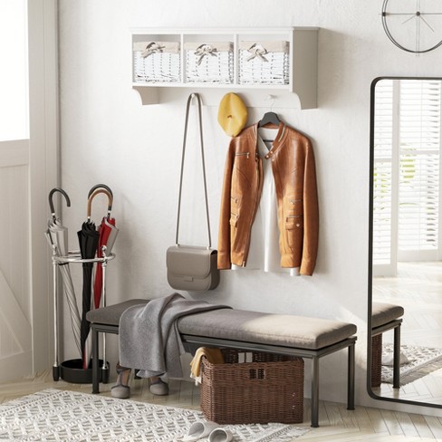 Coat hooks with outlet shelf and baskets