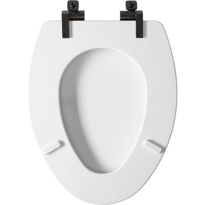 White Gloss Elongated Toilet Seat with Matte Black Metal Hinges