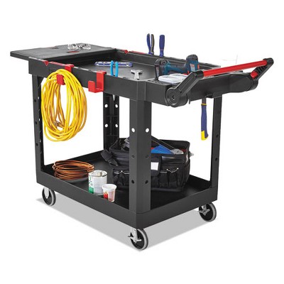 Heavy Duty Black Plastic Utility Cart with Adjustable Handle and Flip-Up Shelf