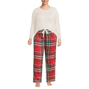 Lands' End Women's Pajama Set Knit Long Sleeve T-Shirt and Flannel Pants - 1 of 3