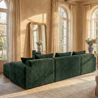 Green corduroy modular sectional sofa back view