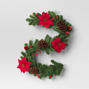 6' Cedar with Poinsettia Flowers and Pinecones Christmas Artificial Garland - Wondershop™: Traditional Decor, Indoor/Sheltered Outdoor Use - 1 of 3