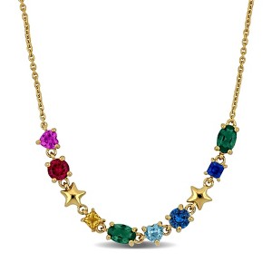 EVERLY JEWELRY | Yellow Plated Sterling Silver Created Aquamarin, Pink Yellow Sapphire Ruby, Green Tourmaline, Blue Spinel Necklace 18 inc & 1.5 inc - 1 of 4