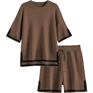 Ekouaer Womens Knit Lounge Set 2 Piece Sweater Sets Short Sleeve Sweatsuit Pullover Tops - 1 of 4