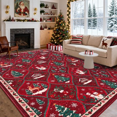 Washable Christmas Area Rug Non Slip Decorative Xmas Holiday Carpet with Santa & Reindeer Print Soft Non Shedding