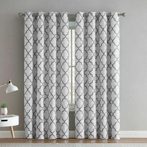White Trellis Window Curtains, Grey Quatrefoil Curtains