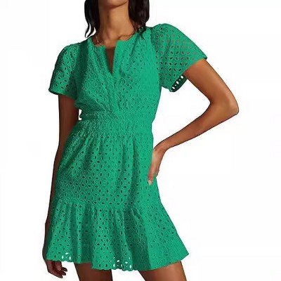 Womens Hollow Out Dress V Neck Short Sleeve Sundress A Line Mini Dress Elastic Wasit Dress Guest Dress