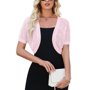 Womens Lightweight Shrugs Short Sleeve Open Front Cropped Cardigan Crochet Knit Sweater - 1 of 4