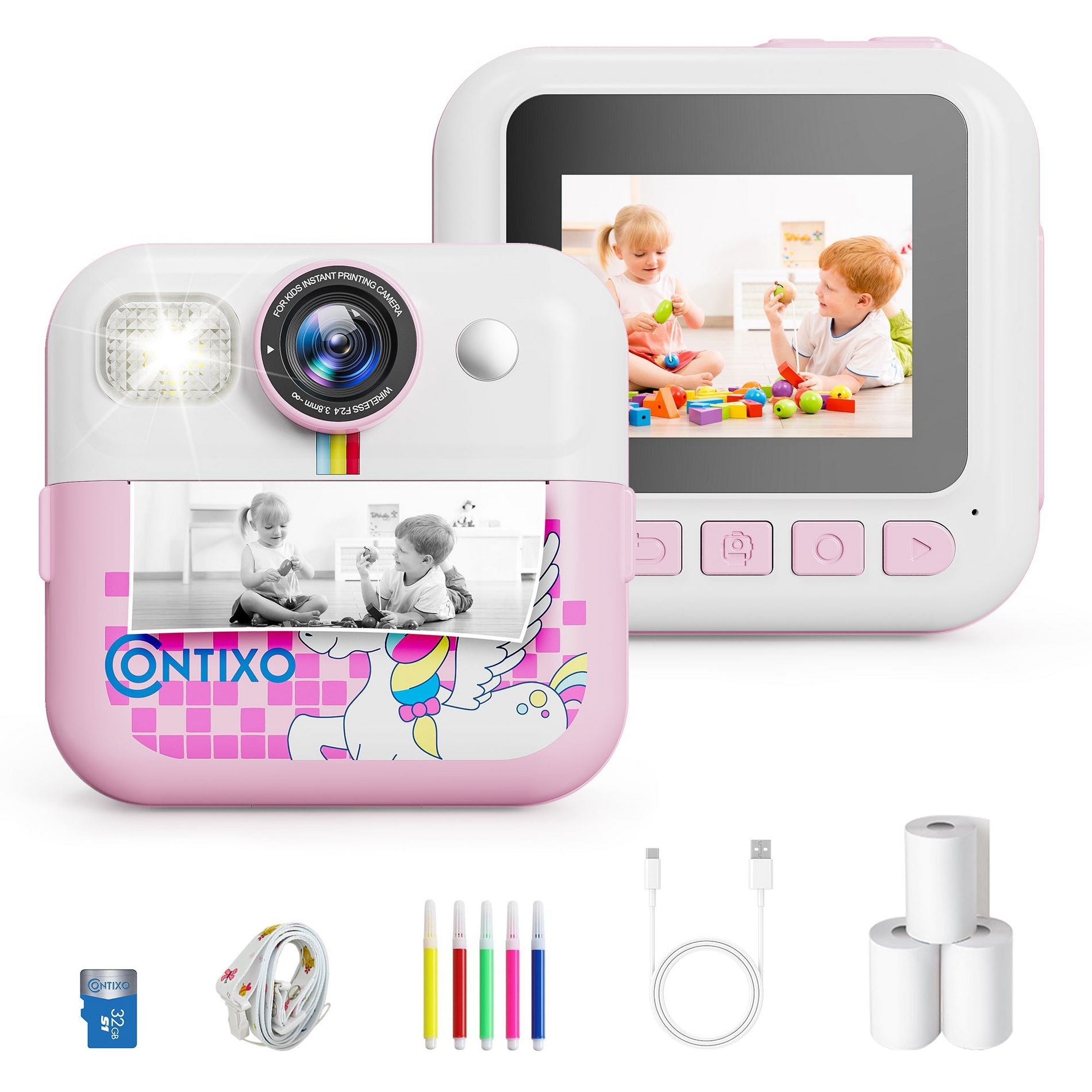 Contixo KC4 Kids Instant Print Camera, HD 1080P Digital Camera with 3 Rolls of Paper & 32G Card, 16X Zoom, Games & MP3, Ages 3-12 Pink
