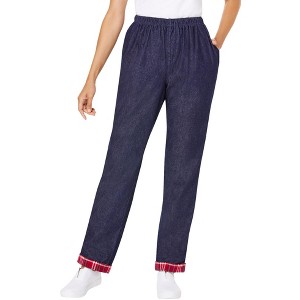 Woman Within Plus Size Elastic-Waist Cotton Straight Leg Denim Pant With Flannel Lining - 1 of 4