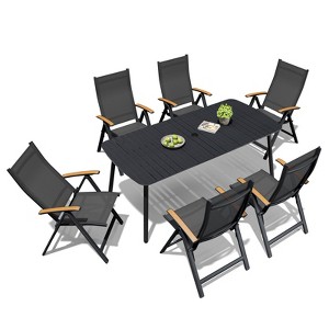 Crestlive Products 7pc Outdoor Dining set Patio Rectangle Table with Folding Chairs Aluminum Frame with Wood-Like Tabletop and Umbrella Hole - 1 of 4