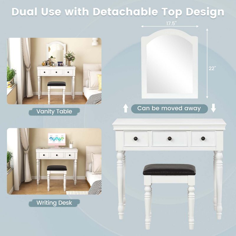 Costway Vanity Table Set Makeup Desk Cushioned Stool 3 Drawer Large Mirror White/Walnut, 5 of 11