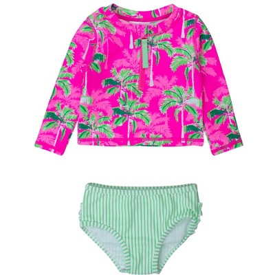 RuffleButts Baby/Toddler Girls UPF50+ Long Sleeve Zipper Rash Guard 2-Piece