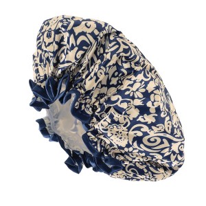 Unique Bargains Women Double Layer Flowers Shower Cap Navy Blue 1 Pc - 1 of 3