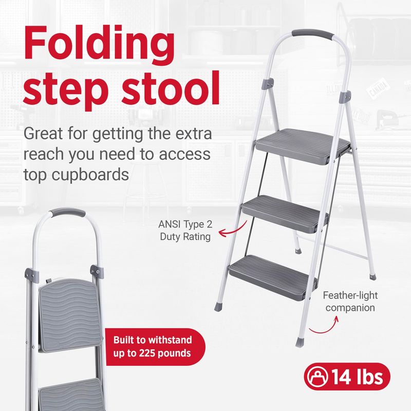 Rubbermaid 3 Step Folding Ladder Steel Step Stool with 225 Pound Capacity, Rubber-Padded Feet, Locking Mechanism and Hand Grip, White, 2 of 7