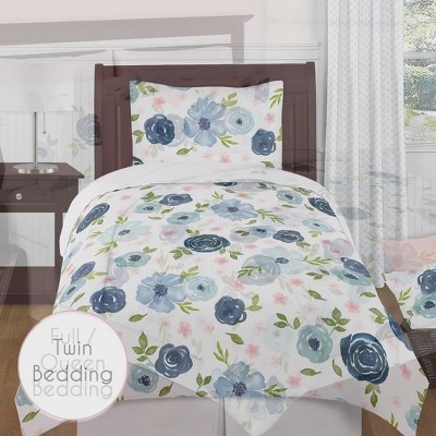 Navy Blue and Pink Watercolor Floral 18'' Square Pillow Set