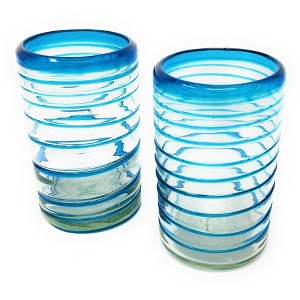 Dos Sueños Mexican Hand Blown Drinking Glasses - Aqua Spiral - 14oz - Set of 2 - 1 of 4