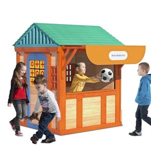 Kids Outside Game House with Wall Ball, Tic-Tac-Toe, Darts Games, Wooden Adventures Cottage Outdoor Playset for Backyard Garden - 1 of 4