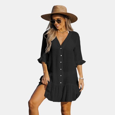 Women's Ruffled Swim Cover Up Dress -cupshe-l-black : Target