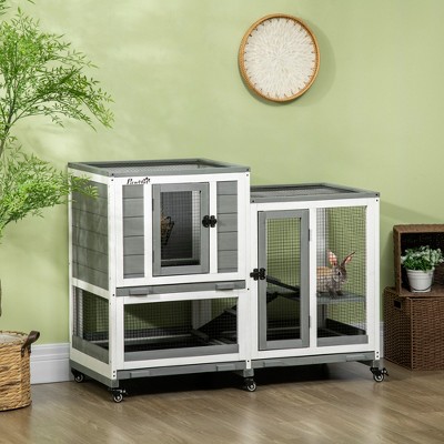 Gray Three Story Wooden Rabbit Hutch with Wheels and Trays