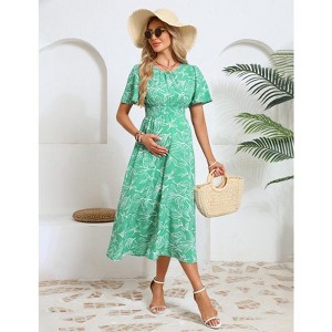 Women's Maternity Boho Ruffles Short Sleeve Dress Floral Smocked Scoop Neck Midi Dress for Baby Shower Photoshoot - 1 of 4