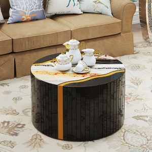 Sapphtopaz Mirror Glass Coffee Table with Marble Pattern Sticker Top Elegant Cylindrical Center Table Modern Coffee Bar for Living Room, Bedroom - 1 of 4