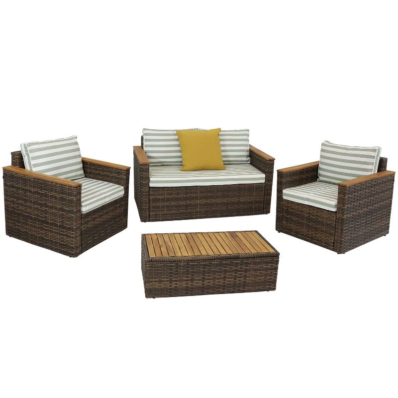 Sunnydaze Outdoor Rattan and Acacia Wood Kenmare Patio Conversation Furniture Set with Loveseat, Chairs, Table, and Seat Cushions - Green Stripe - 4pc, 1 of 13