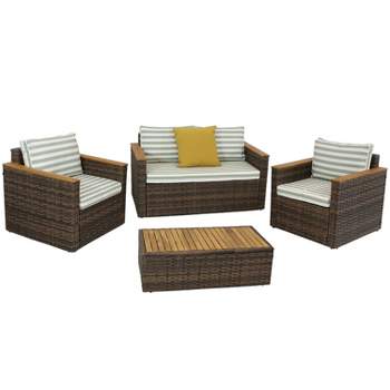 Sunnydaze Outdoor Rattan and Acacia Wood Kenmare Patio Conversation Furniture Set with Loveseat, Chairs, Table, and Seat Cushions - Green Stripe - 4pc