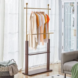 NAYSAYE Clothes Hanger Double Layer Coat Rack with Solid Wood Partition and Cabinet for Bedroom Entryway or Living Room, Gold and Brown, - 1 of 4