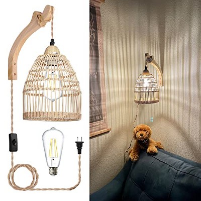 TOBILI Rattan Plug in Wall Sconces Wicker Wall Lamp with Plug in Cord Hand Woven Rattan Wall Light Farmhouse