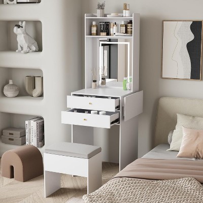 White Compact Vanity Desk Set with Adjustable Mirror and Storage Bench