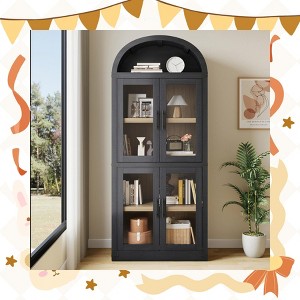 Garvee Arched Bookshelf with Doors - Glass Doors - 15.83 inches deep by 71.4 inches tall rustic ambiance premium wood display cabinet - 1 of 4
