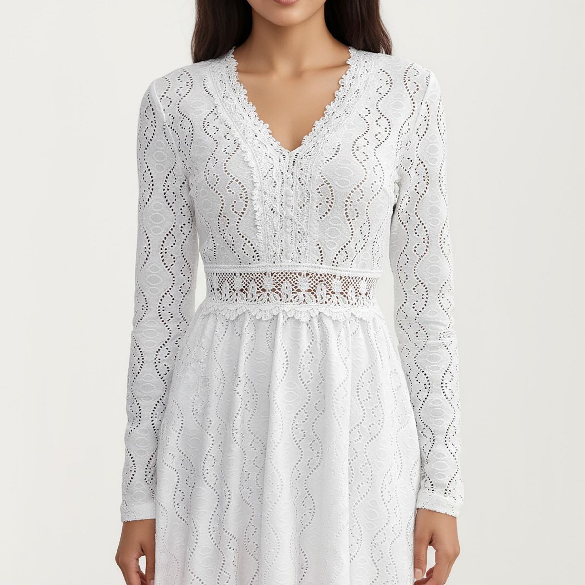 Anna-Kaci Women's Long Sleeve Lace Mini Dress with V-Neckline and Sheer Waist Detail - thumbnail 5
