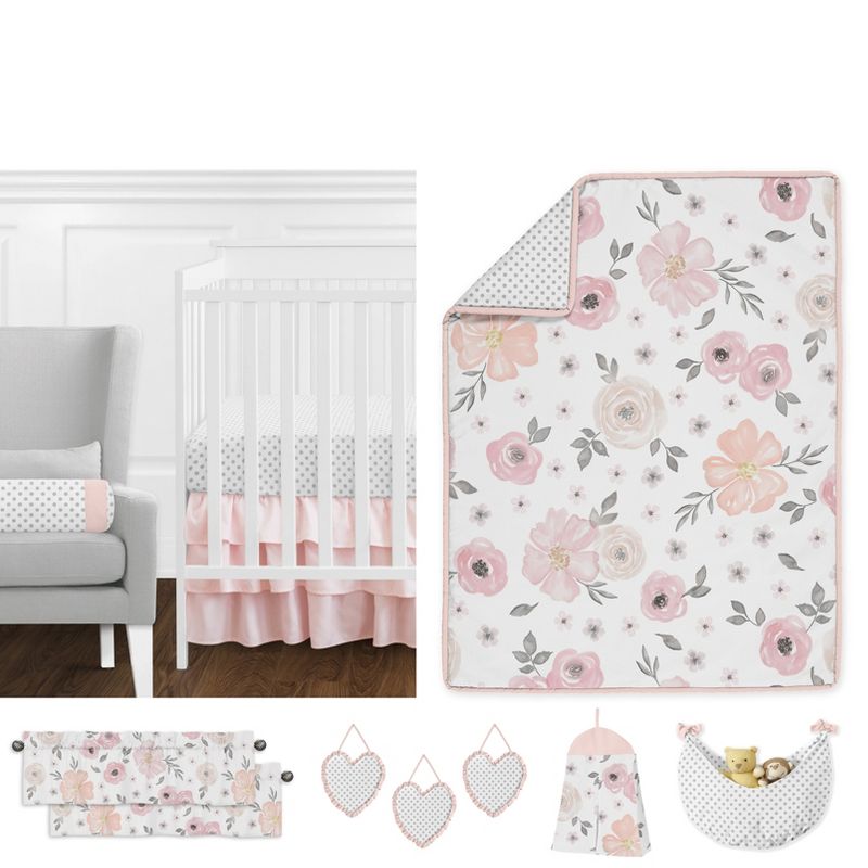 Sweet Jojo Designs Crib Bedding Set - Watercolor Floral - 11pc Pink/Gray, 1 of 8