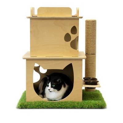 On2Pets Cat Loft with Scratching Post & Feeder Station - Beige