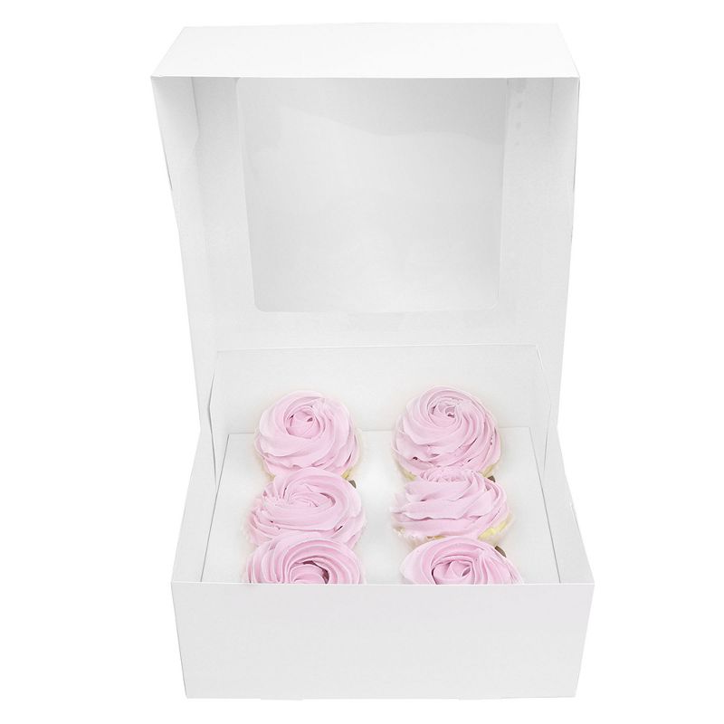 O'Creme White Window Cake Box with 6 Cupcake Insert, 10" x 10" x 4" - Pack of 5, 3 of 4