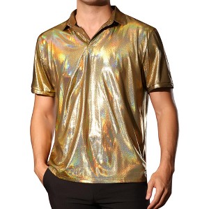Lars Amadeus Men's Short Sleeves Shiny Disco Nightclub Party Golf Metallic Polo Shirt - 1 of 4