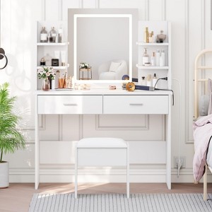 Vanity Desk with LED Mirror, 3 Lighting Modes & Charging Station, Makeup Vanity with 2 Drawers, 6 Shelves, Cushioned Stool for Bedroom - 1 of 4